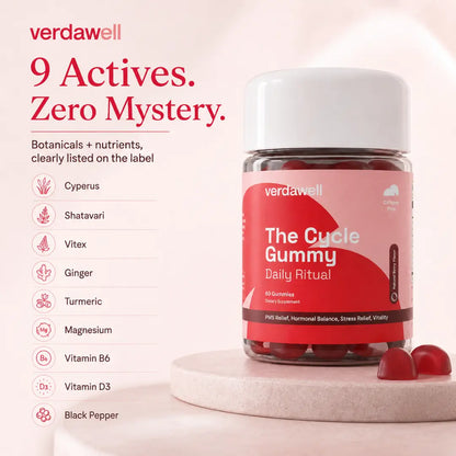 Verdawell The Cycle Gummy with nine active ingredients including Cyperus, Shatavari, Vitex, ginger and magnesium