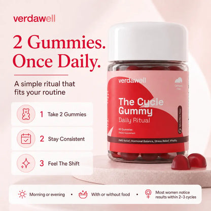 Verdawell The Cycle Gummy showing directions to take two gummies daily and stay consistent