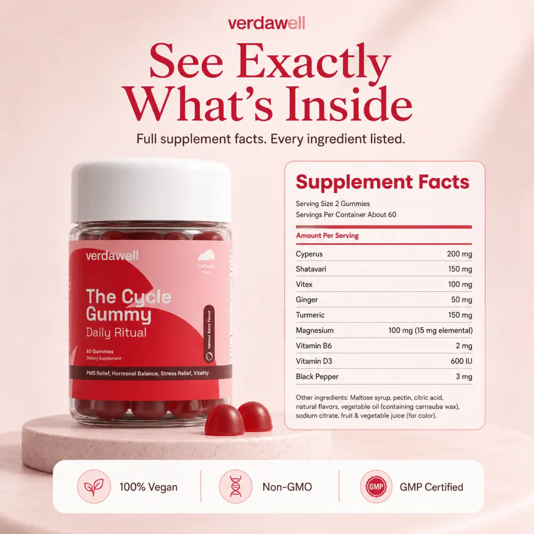 Verdawell The Cycle Gummy with supplement facts panel listing nine active ingredients and their amounts