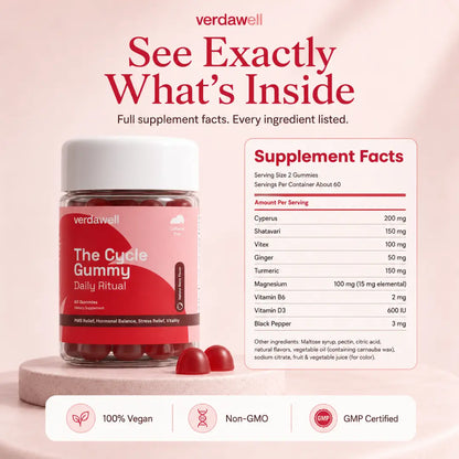 Verdawell The Cycle Gummy with supplement facts panel listing nine active ingredients and their amounts