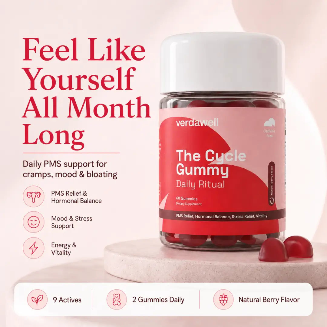Verdawell The Cycle Gummy with daily PMS support messaging for cramps, mood and bloating pms